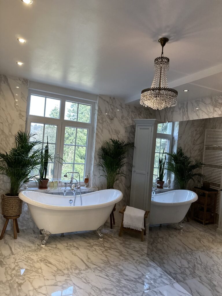 diana-renovation-grande-salle-de-bain-douche-paroi-miroir-elite-baignoire-retro-spa-lampes - Diana Rénovation - Immo Valorisation