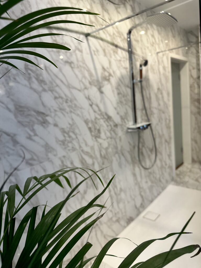 diana-renovation-projet-salle-de-bain-douche-verte-marbre-blanc-spa-eectricite-interrupteur - Diana Rénovation - Immo Valorisation